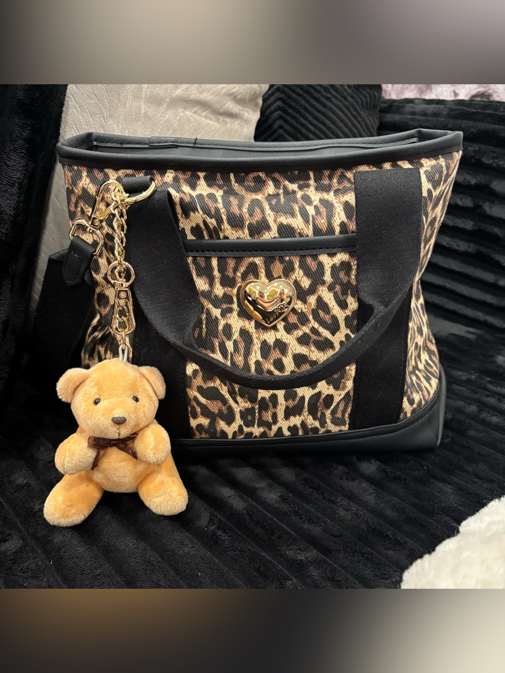 Betsey Johnson Leopard Print Tote Bag with Heart Accent and Bear Charm